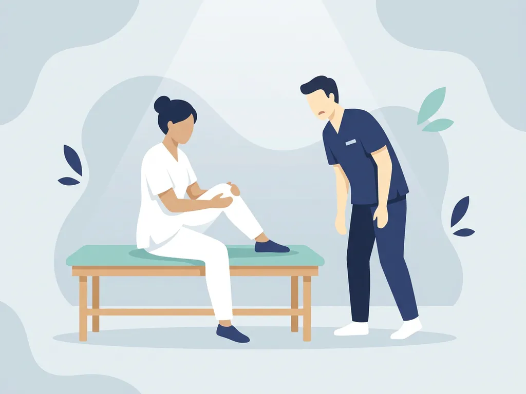 Patient in white clothing holding their knee on a physiotherapy bench while a healthcare professional observes during a knee pain assessment.