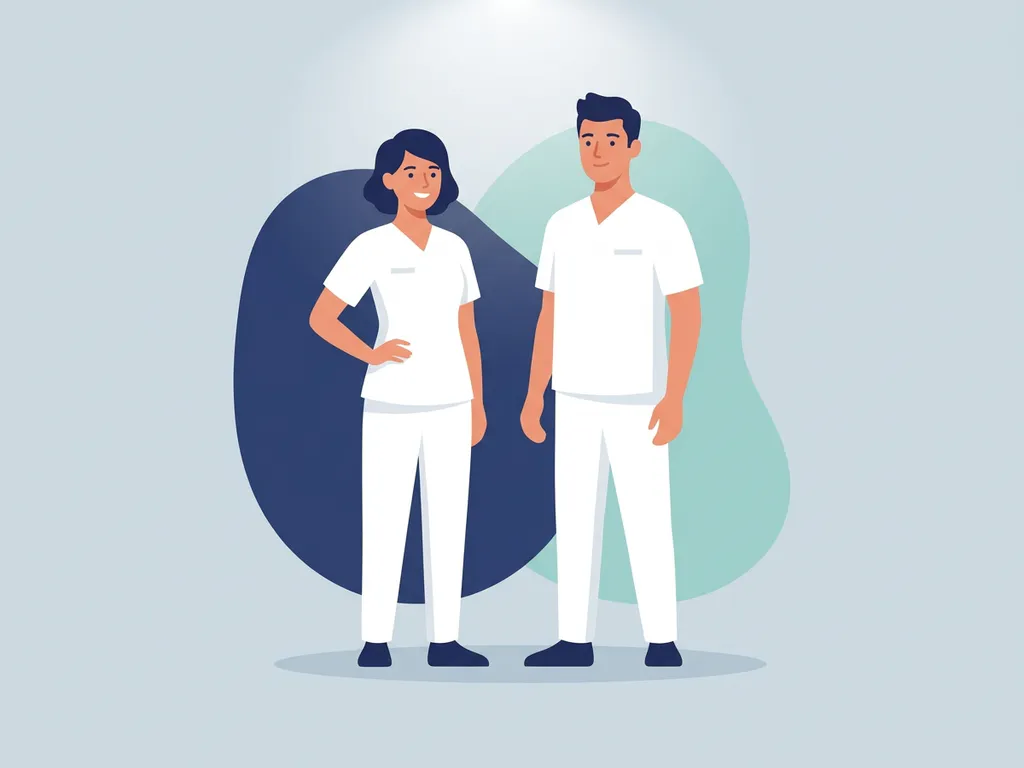 Two physiotherapists in white medical uniforms standing together against a soft blue-grey background in a modern flat vector illustration.