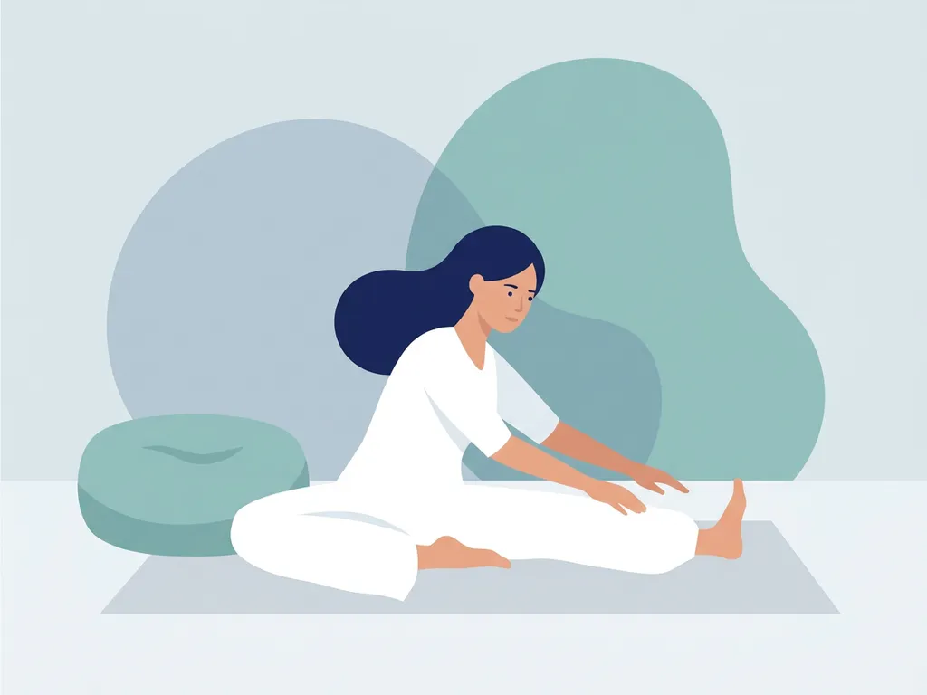 Person in white clothing performing a seated leg stretch on a light grey yoga mat, with a soft teal cushion nearby.