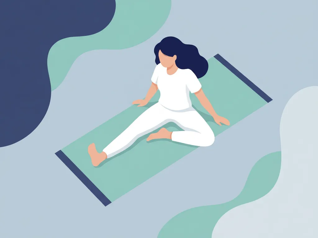Person in white outfit performing a seated hamstring stretch on a yoga mat, surrounded by soft teal shapes in a calming physiotherapy illustration.