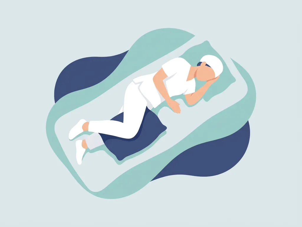 Person in white medical wear sleeping on their side with a supportive pillow between their knees, physiotherapy sleep position illustration.