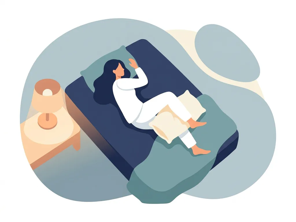 Person sleeping on their side with a pillow between bent knees, promoting proper spinal alignment and comfortable rest.