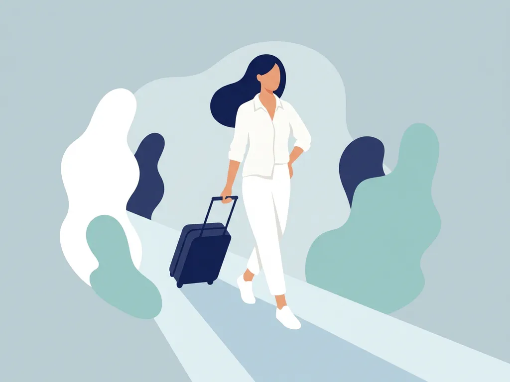 Traveler with navy hair in white outfit pulling a rolling suitcase along a sunlit path, flat vector illustration with soft teal accents.