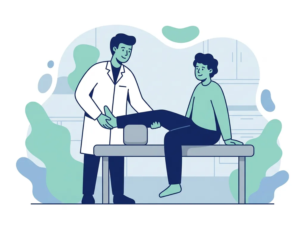 Physiotherapist in white coat guiding a patient through knee rehabilitation exercise in a modern clinic setting.