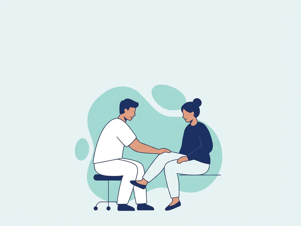 Physiotherapist in white guiding a seated patient through a knee rehabilitation exercise in a calm clinical setting.