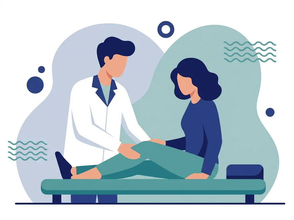 Physiotherapist in white coat guiding seated patient through knee rehabilitation exercise, flat vector illustration in navy and teal.