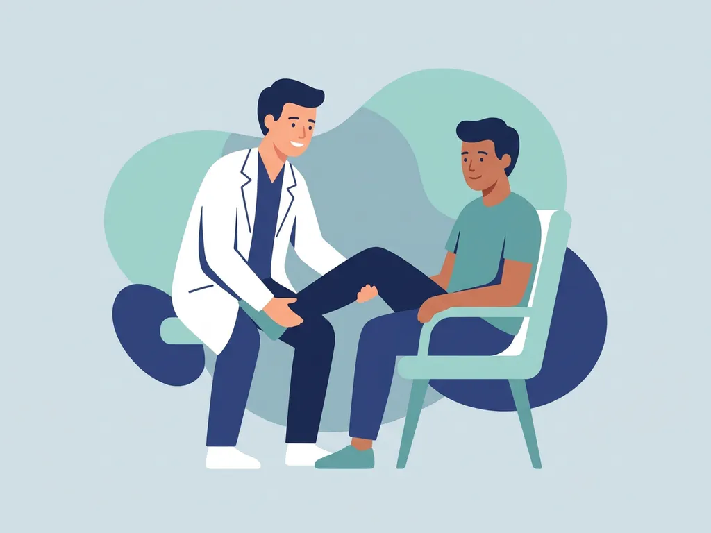 Physiotherapist in white coat guiding seated patient through knee rehabilitation exercise in a calm clinical setting.