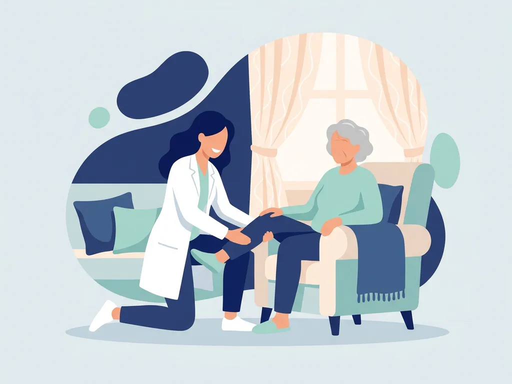 Physiotherapist in white coat guiding elderly patient through a knee exercise in a cozy home living room.