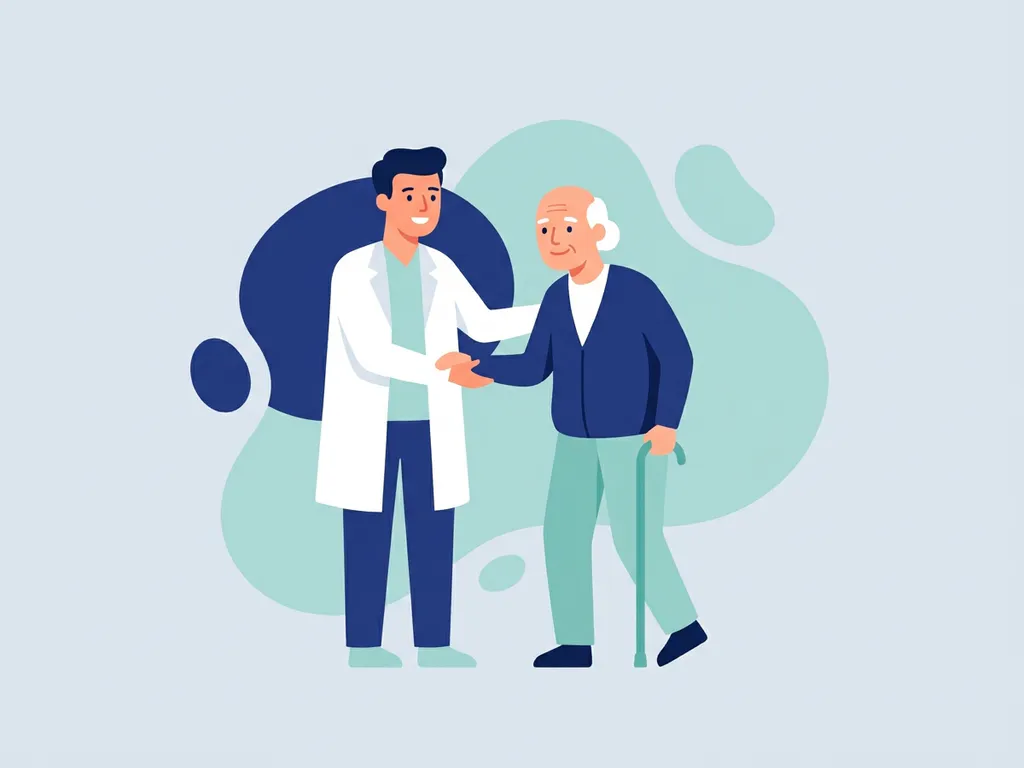 Physiotherapist in white coat assisting elderly patient with cane in a modern clinic, flat vector illustration in navy and teal.