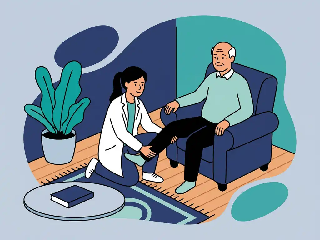 Physiotherapist in white coat guiding elderly patient through knee exercise in a bright home living room.