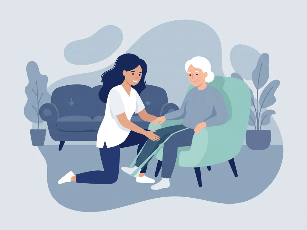 Physiotherapist in white coat guiding elderly patient through knee exercise in a cozy home living room setting.