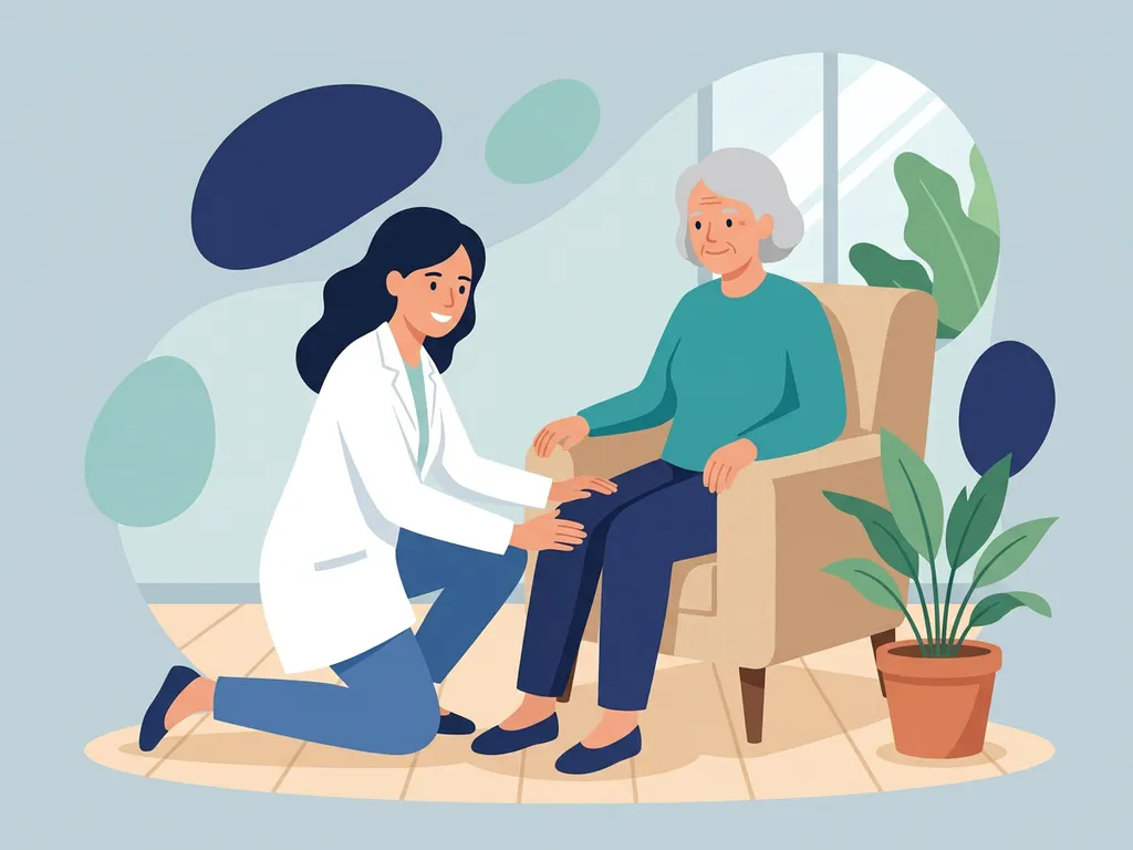 Physiotherapist in white coat guiding elderly patient through knee exercise in a bright home living room with wooden floor and houseplant.