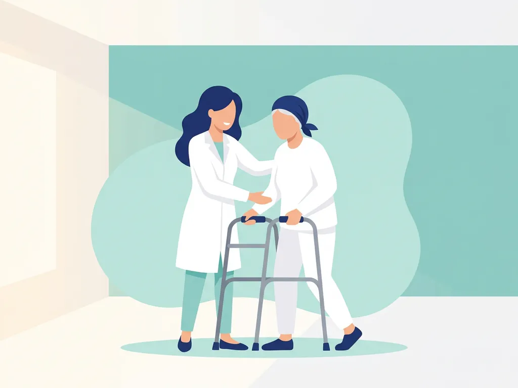 Physiotherapist in white coat guiding an elderly patient using a walking aid in a modern rehabilitation room with a soft teal accent wall.