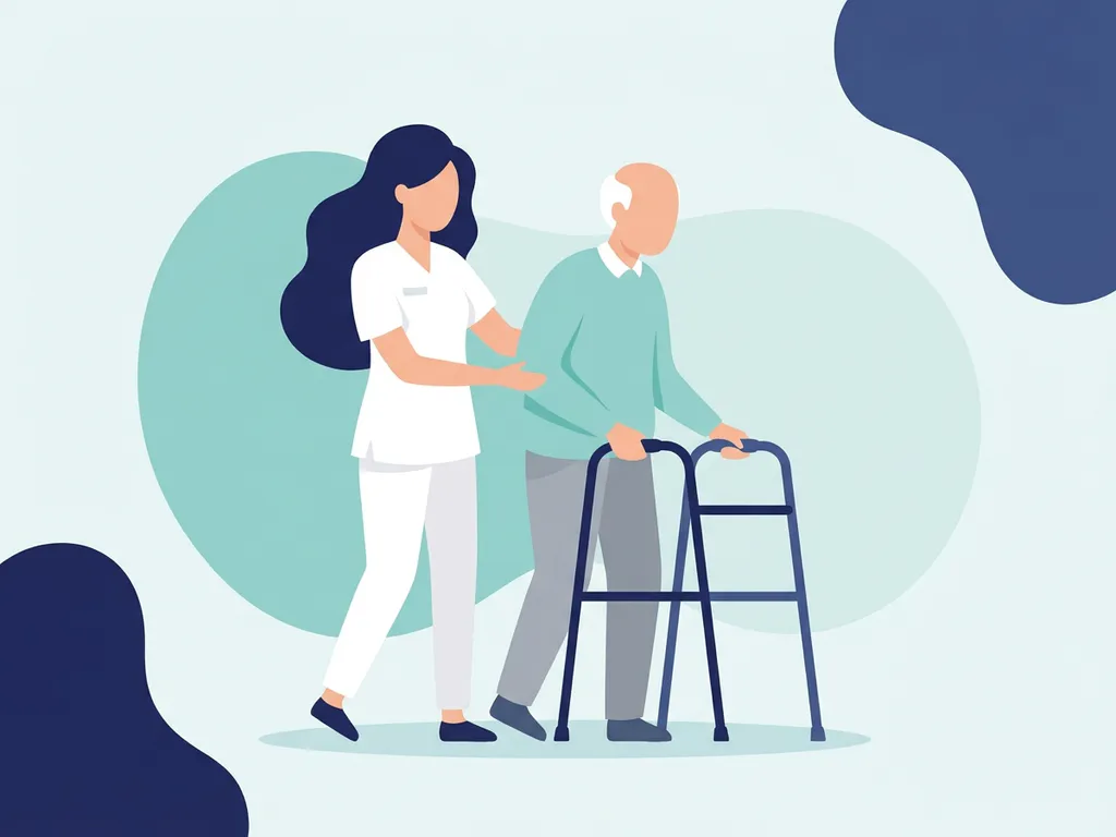 Physiotherapist in white uniform assisting an elderly patient with a walking aid during rehabilitation session.