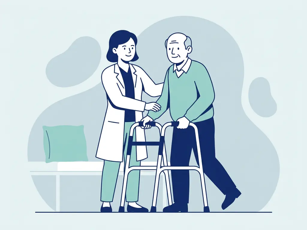 Physiotherapist in white coat guiding elderly patient using a walking aid in a calm, minimal healthcare setting.