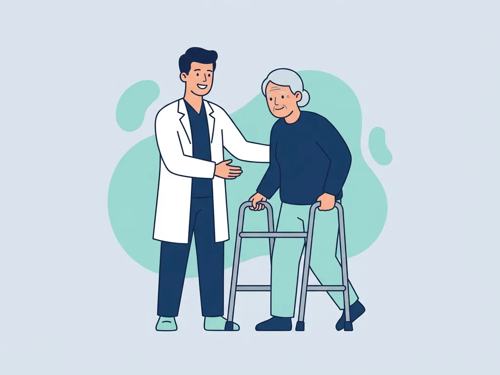 Physiotherapist in white coat guiding an elderly patient using a walking aid, flat vector illustration in navy and teal tones.