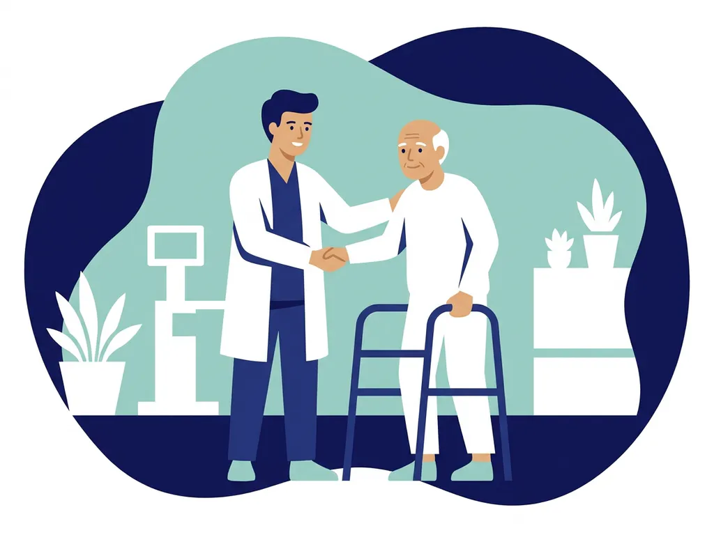 Physiotherapist in white coat guiding an elderly patient using a walking aid in a modern rehabilitation room with teal accent wall.