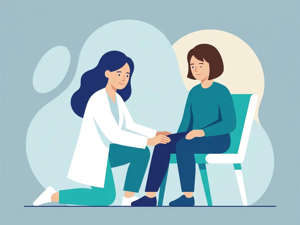 Physiotherapist in white coat examining a seated patient's knee during a calm clinical assessment session.