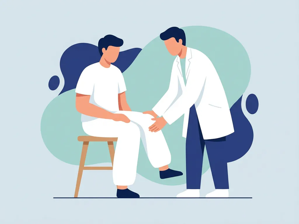 Physiotherapist in white coat examining a seated patient's knee during a clinical assessment session.