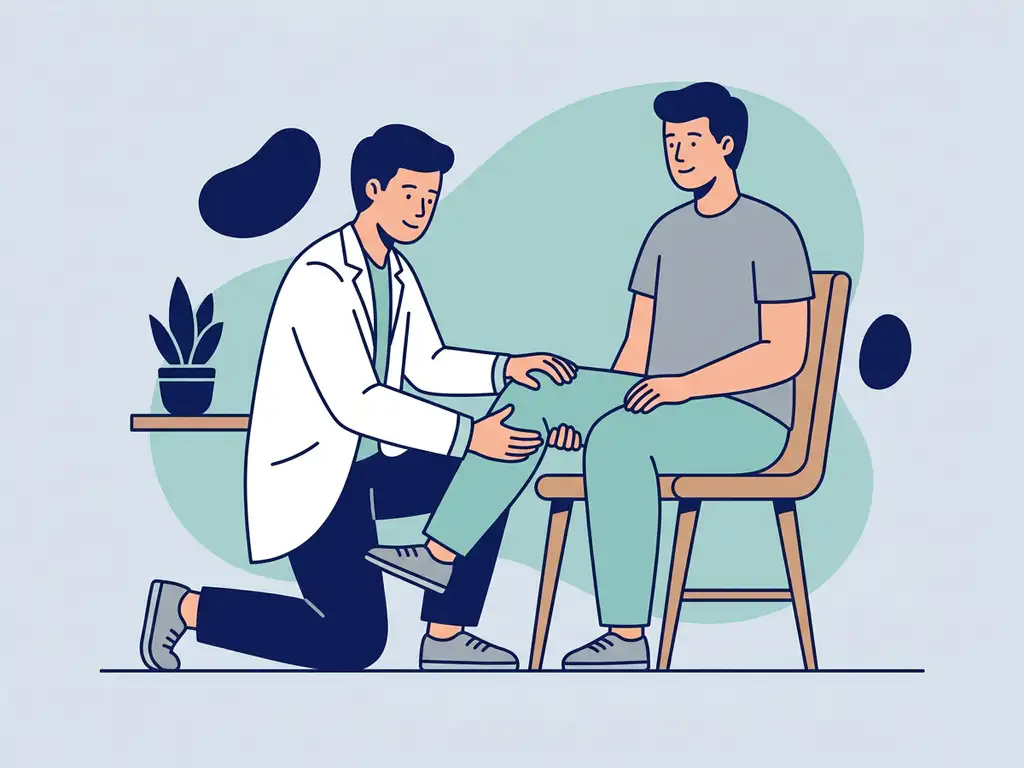 Physiotherapist in white coat examining a seated patient's knee during a clinical assessment session.