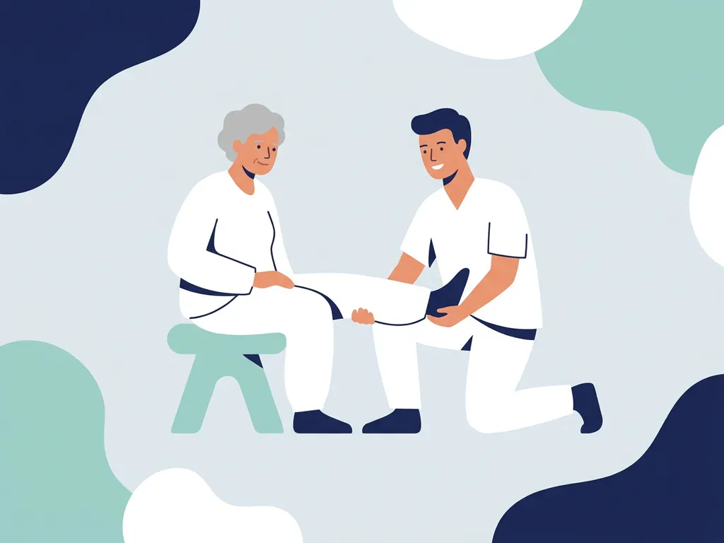 Physiotherapist in white guiding an older adult through a seated knee exercise, flat vector illustration with navy and teal accents.