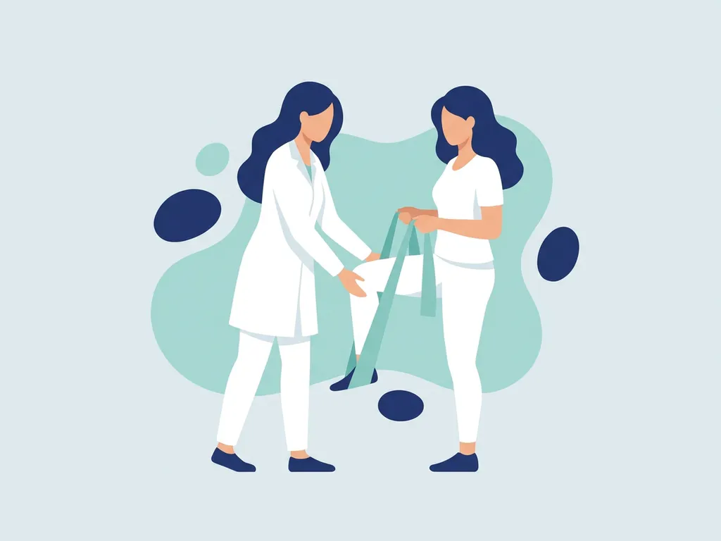 Physiotherapist in white coat guiding patient through knee-strengthening exercise using a soft teal resistance band in a modern clinic.
