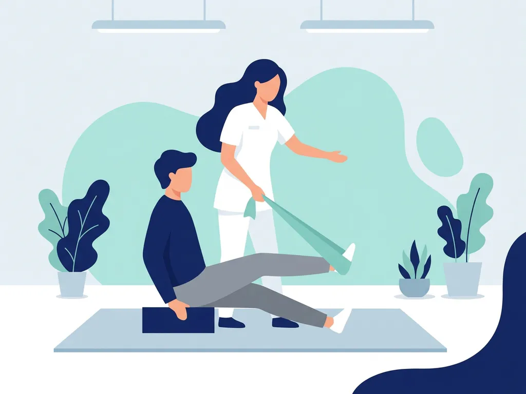 Physiotherapist in white guiding a patient through a knee-strengthening exercise using a soft teal resistance band in a modern clinic.