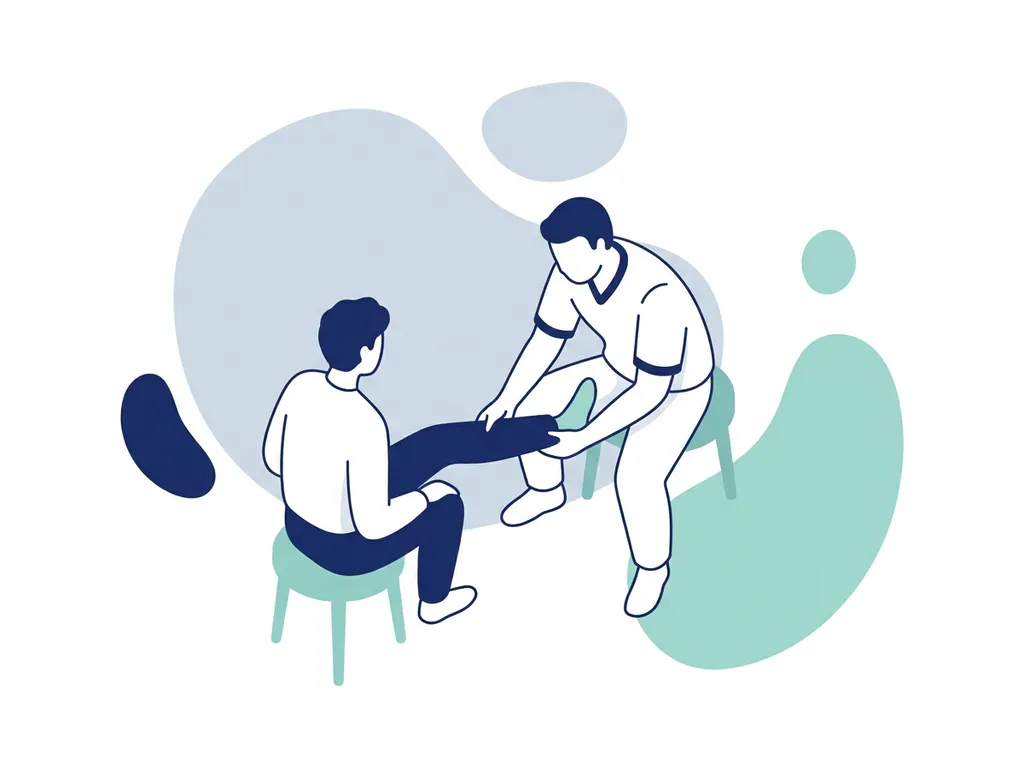 Physiotherapist in white guiding a seated patient through a knee mobility exercise in a minimal clinic setting.
