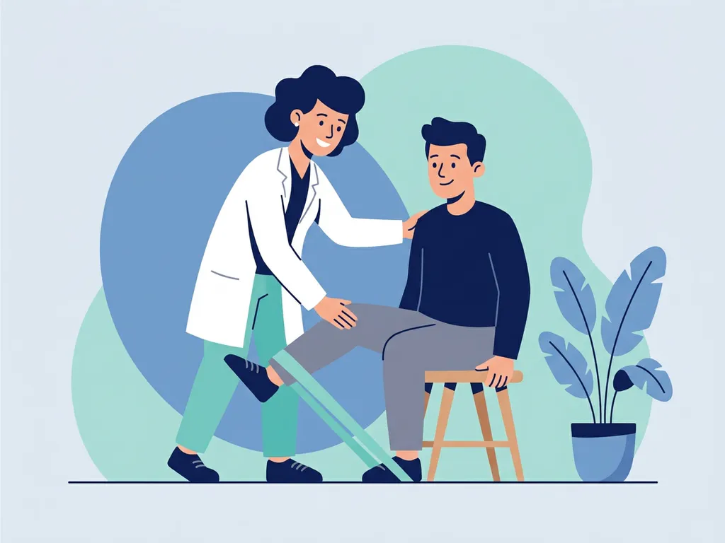 Physiotherapist in white coat guiding a patient through knee rehabilitation exercise in a modern clinic.