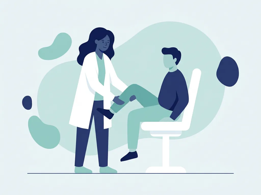 Physiotherapist in white coat guiding a patient through knee rehabilitation exercise in a modern clinic.