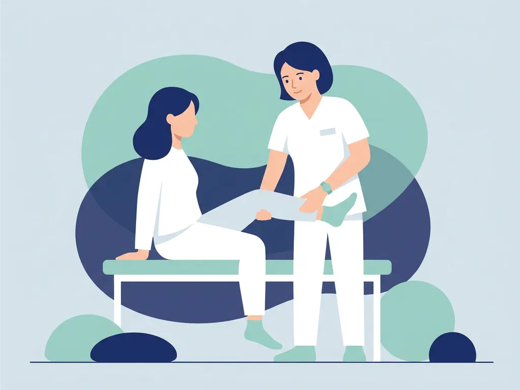 Flat vector illustration of a physiotherapist in white guiding a seated patient through knee rehabilitation exercises on a therapy bench.