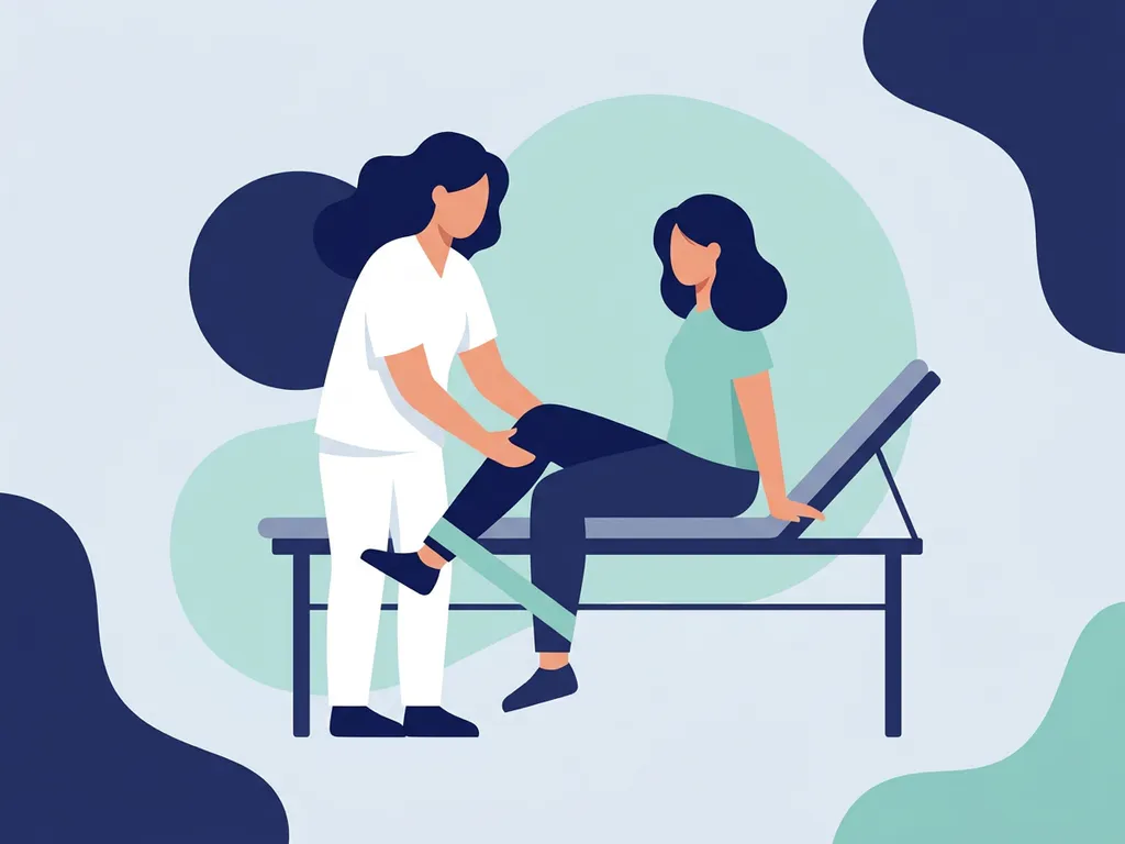 Physiotherapist in white guiding a seated patient through a knee rehabilitation exercise, flat vector illustration in navy and teal.
