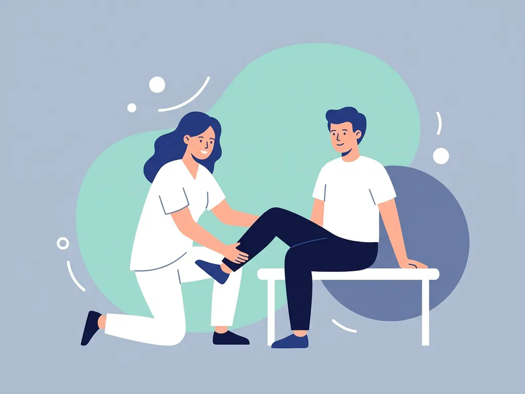 Physiotherapist in white guiding a seated patient through knee rehabilitation exercise, minimal flat vector illustration in navy and teal.