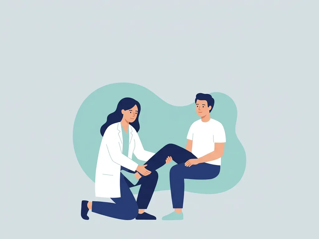 Physiotherapist in white coat guiding a seated patient through a knee rehabilitation exercise in a calm clinical setting.