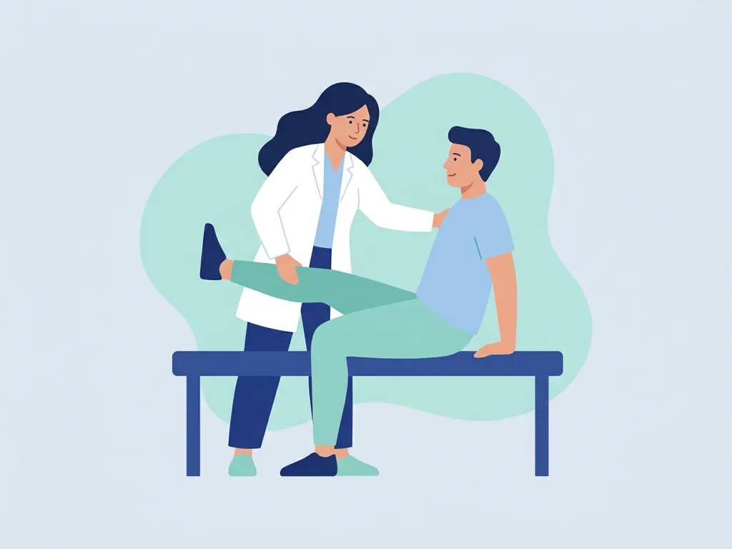Physiotherapist in white coat guiding patient through knee-strengthening exercise on a low bench in a modern clinical setting.