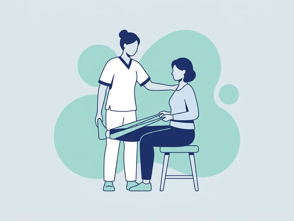 Physiotherapist in white guiding a seated patient through a knee strengthening exercise in a calm, modern clinical illustration.