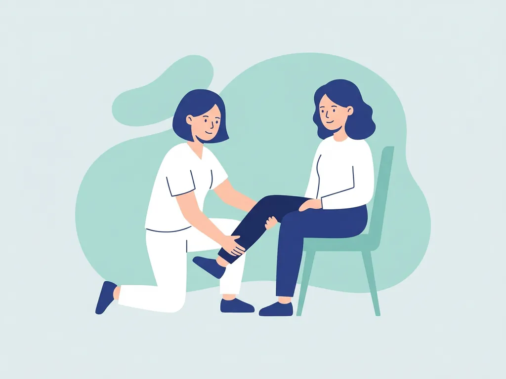 Physiotherapist in white guiding a seated patient through a knee strengthening exercise in a modern flat medical illustration.