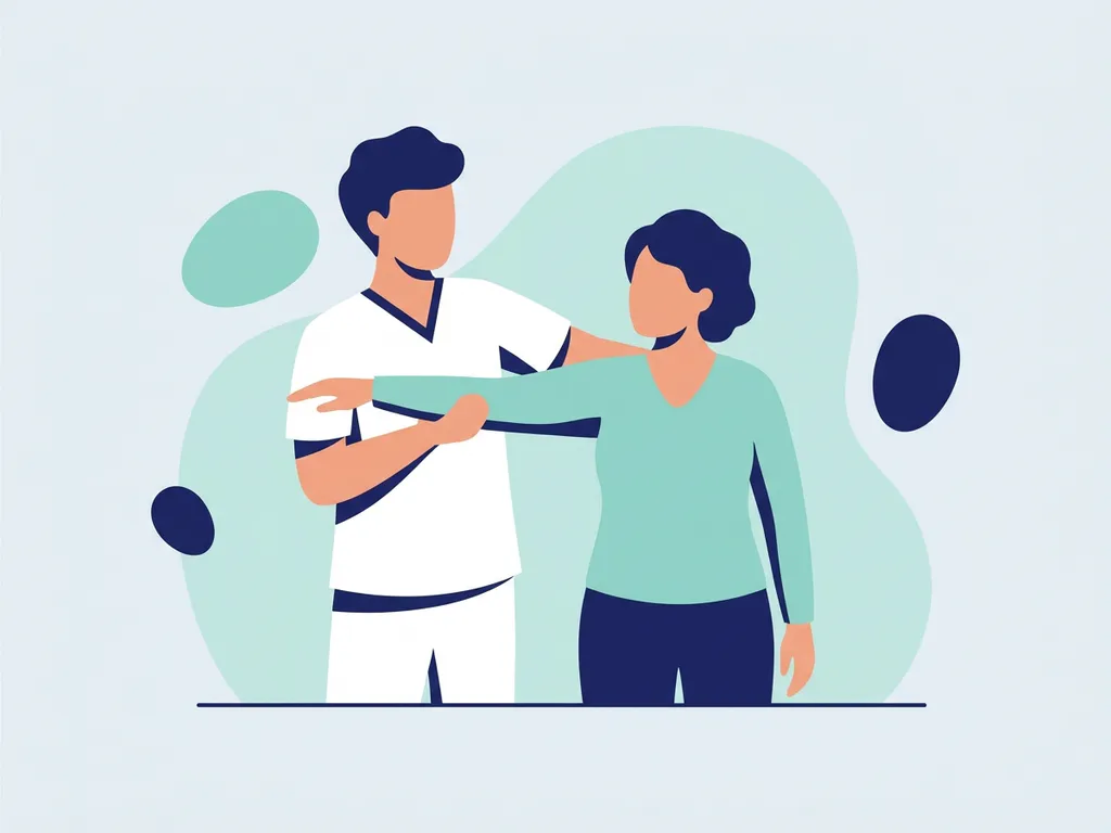 Physiotherapist in white guiding an older adult through gentle exercise in a modern clinic, flat vector illustration with navy and teal accents.