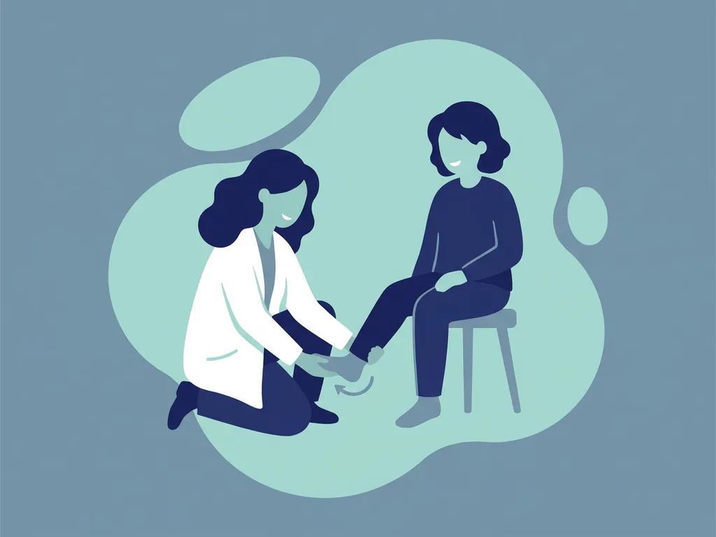 Physiotherapist in white coat guiding seated patient through foot and ankle mobility exercise in a flat vector medical illustration.