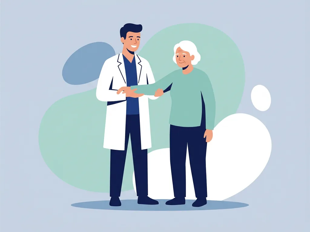 Physiotherapist in white coat guiding an elderly patient through an arm movement exercise in a modern clinic.