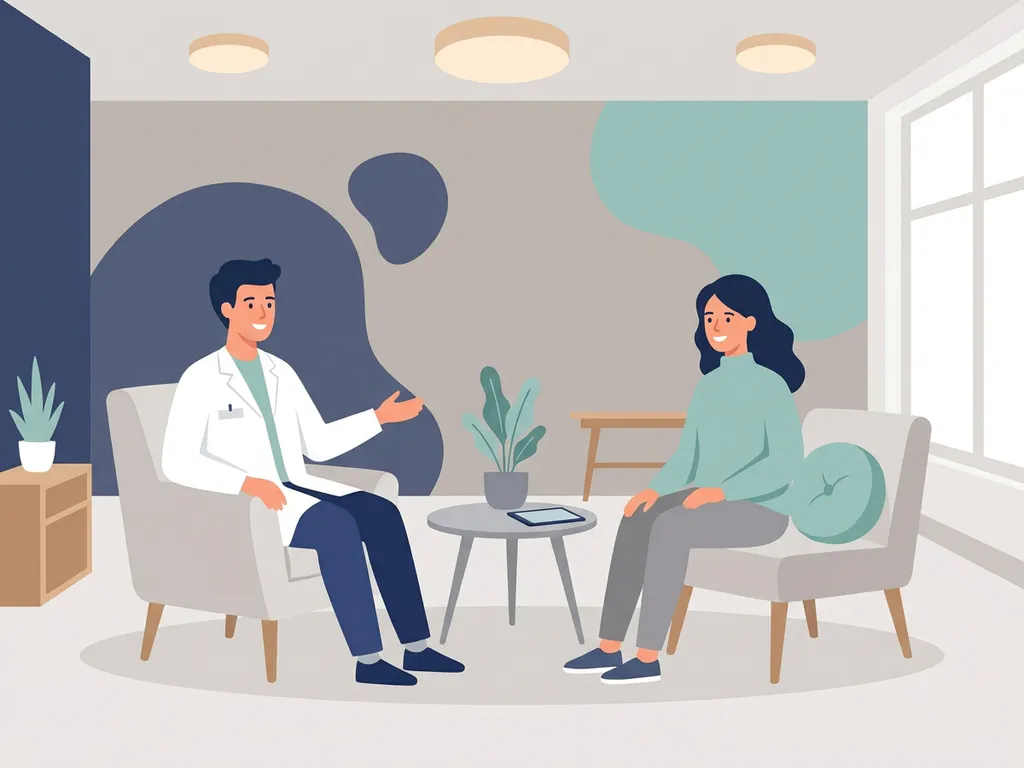 Physiotherapist in white coat consulting with a seated patient during a calm, welcoming first clinic appointment.