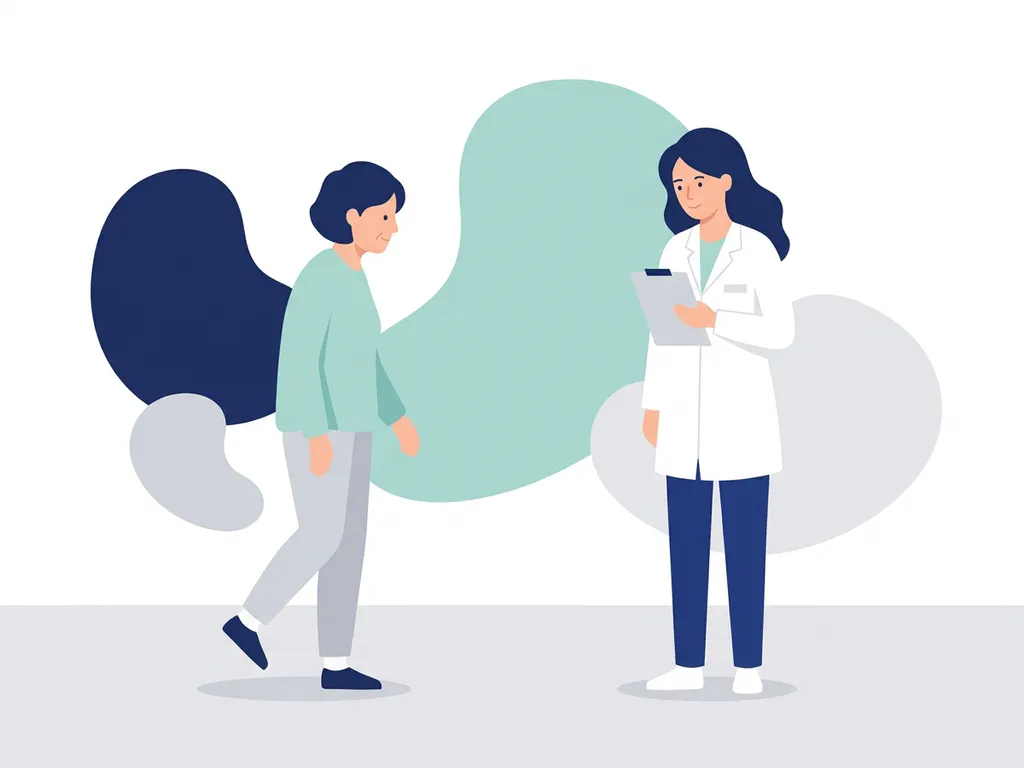 Physiotherapist in white coat observing elderly patient walking with a slight limp inside a modern clinic.