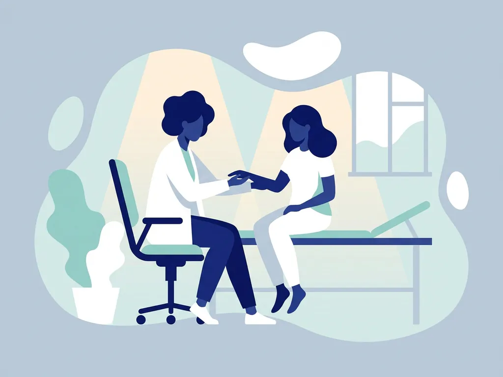 Physiotherapist in white coat guiding patient through hand mobility exercise in a modern clinic with teal accent cushions.