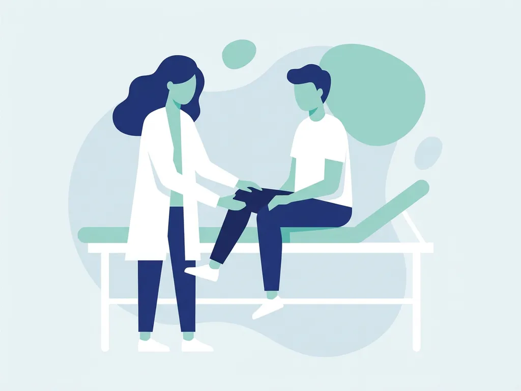 Physiotherapist in white coat guiding seated patient through hip mobility exercise in a modern clinic with teal treatment table.