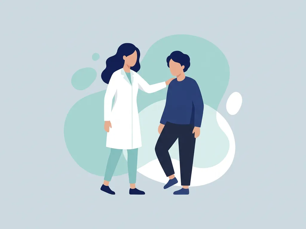 Physiotherapist in white coat guiding older patient through hip mobility exercise in a modern clinic, flat vector illustration.
