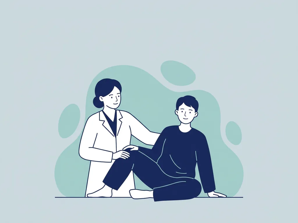 Physiotherapist in white coat guiding seated patient through hip mobility exercise against a soft teal and light blue background.