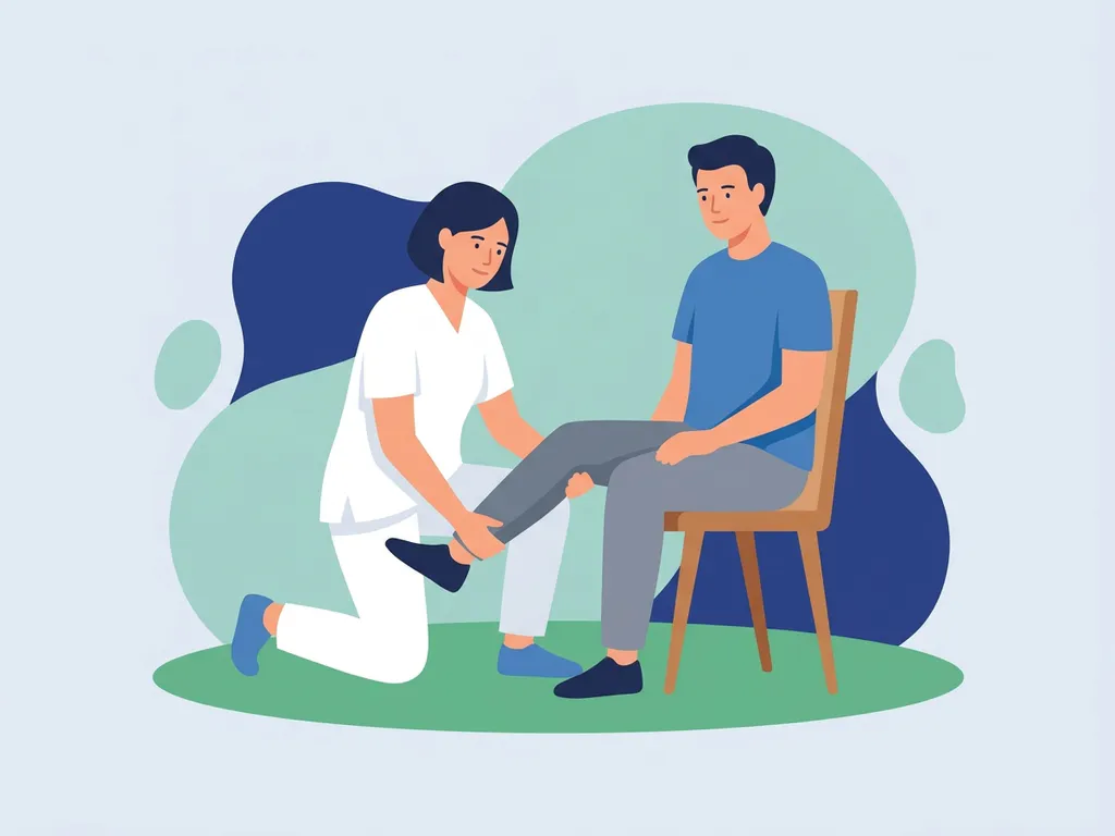 Physiotherapist in white guiding a seated patient through a hip mobility exercise in a calm, modern clinical illustration.