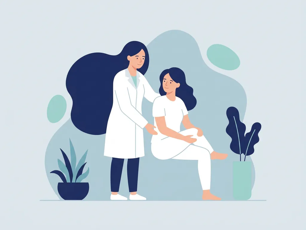 Physiotherapist in white coat guiding seated patient through a gentle hip mobility exercise in a modern clinical setting.