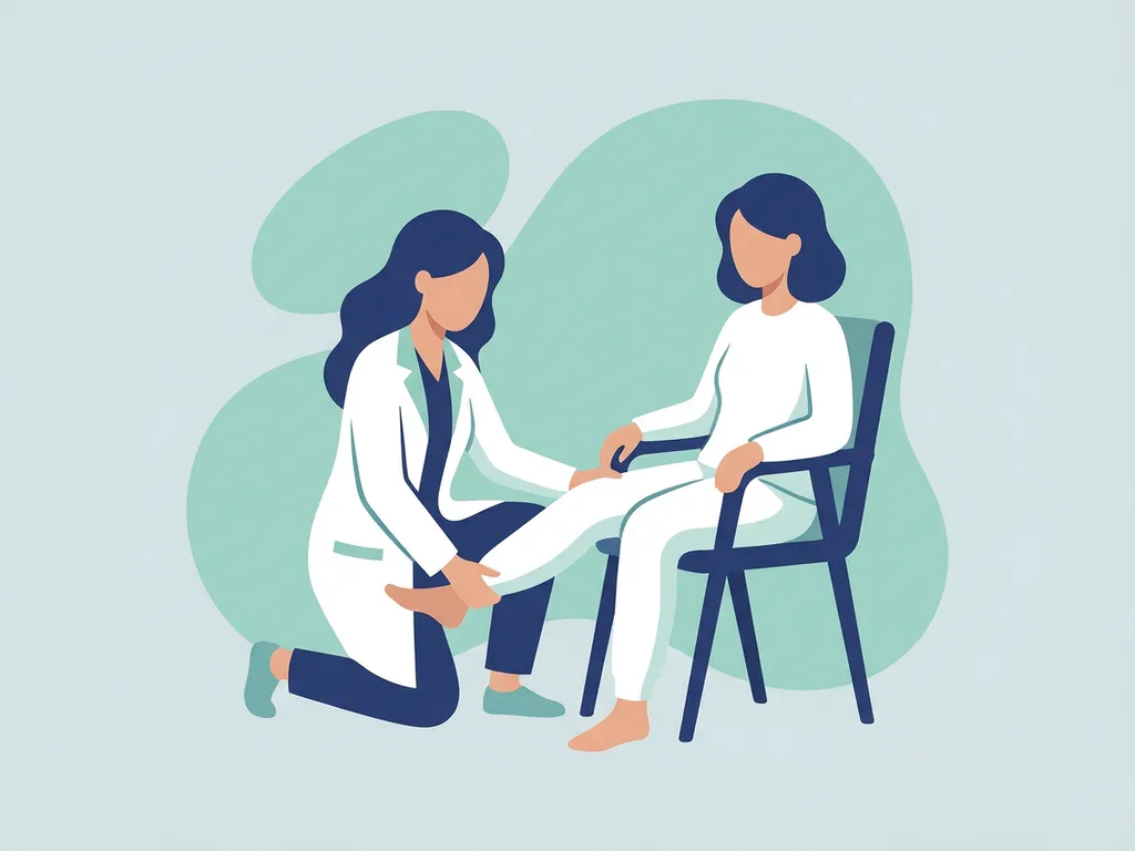 Physiotherapist in white coat guiding seated patient through hip mobility exercise, flat vector illustration in teal and navy tones.