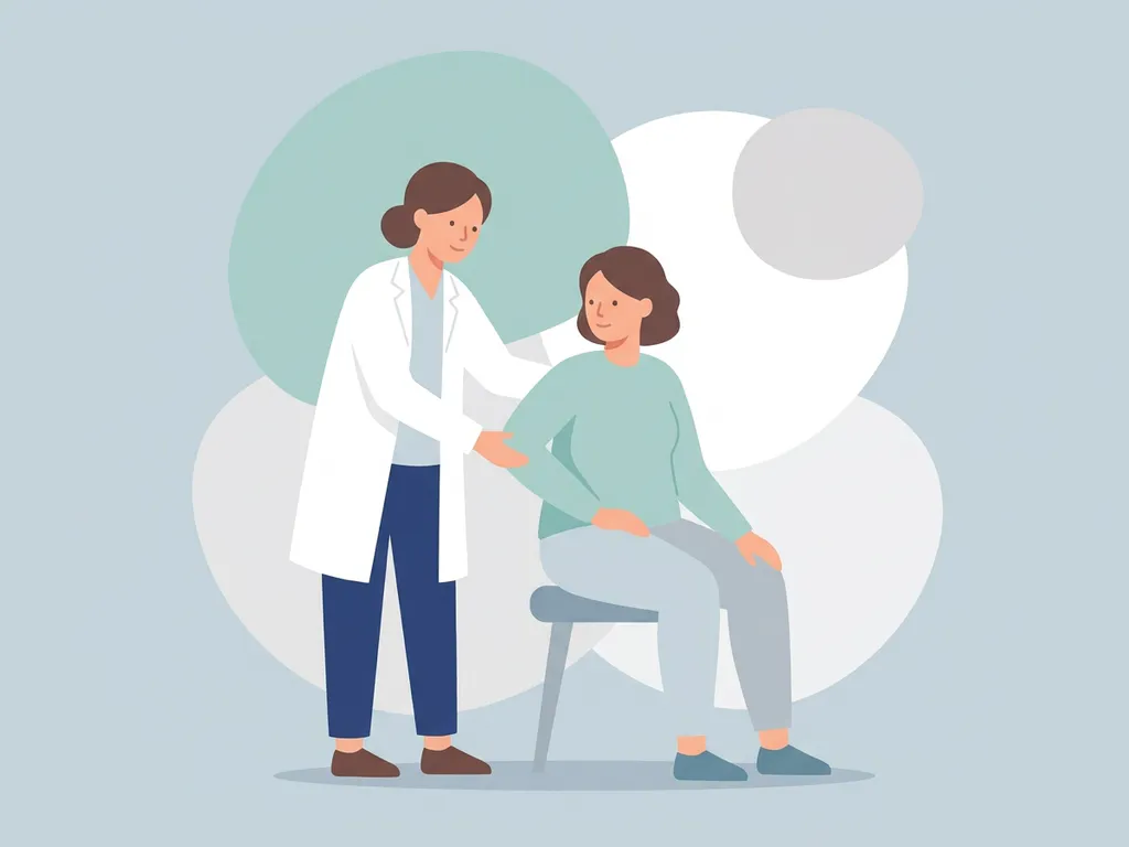 Physiotherapist in white coat guiding a seated patient through a hip mobility exercise, flat vector illustration in navy, teal, and grey.